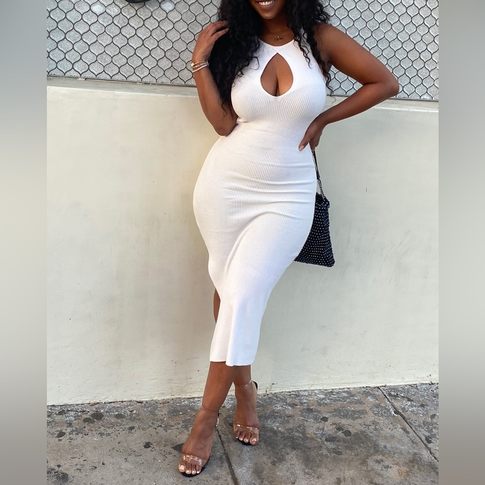 White keyhole stretchy midi dress